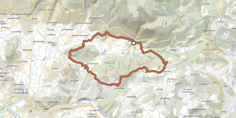 Carte du tracé de Rustrel - Tour du Colorado à VTT sur le Plan IGN, départ et points de passage numérotés