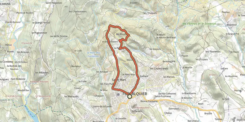 Map of the The Rochers des Mourres track on the IGN map, with the start and numbered waypoints