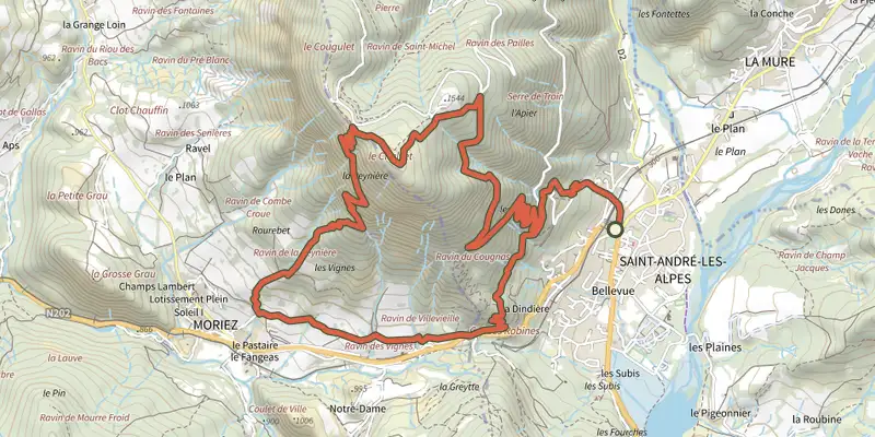 Map of the The Chalvet peak track on OpenTopoMap, with the start and numbered waypoints
