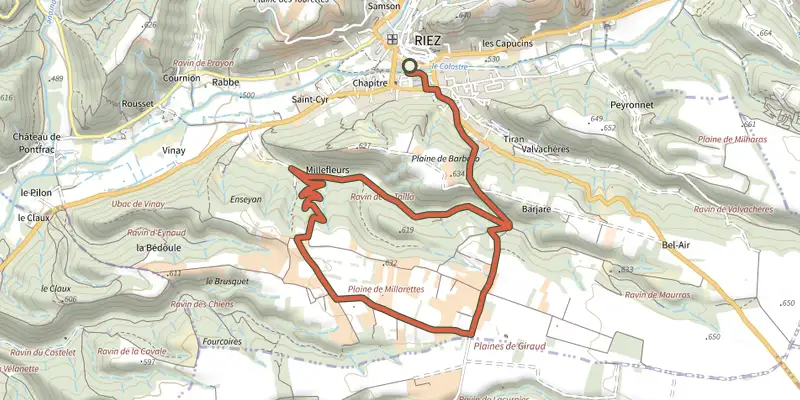 Map of the The Millarettes plateau track on the IGN map, with the start and numbered waypoints