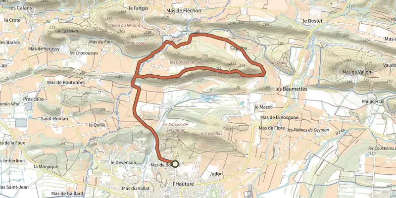 Map of the Mouries - Caisses de Jean Jean track on OpenTopoMap, with the start and numbered waypoints