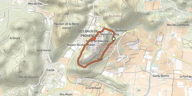 Carte du tracé de Les Baux-de-Provence - Chemin des Trémaïé sur OpenTopoMap, départ et points de passage numérotés