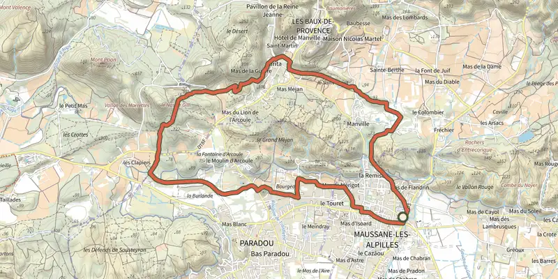 Map of the Maussane les Alpilles - Towards Les-Baux-de-Provence track on the IGN map, with the start and numbered waypoints