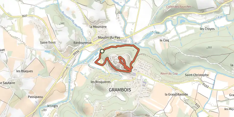 Carte du tracé de Grambois - Le petit tour du village sur le Plan IGN, départ et points de passage numérotés