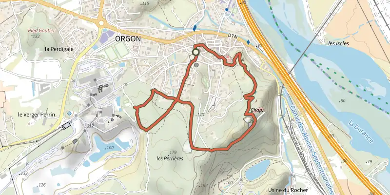 Carte du tracé de Orgon - Le sentier de la Pierre sur le Plan IGN, départ et points de passage numérotés