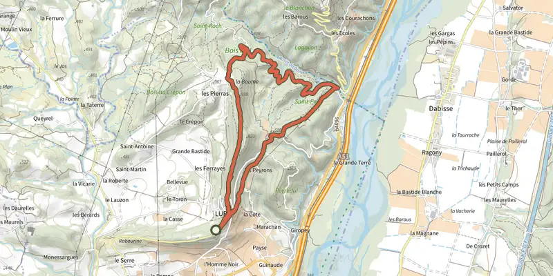 Map of the Lurs - Chemin du pont Romain track on the IGN map, with the start and numbered waypoints