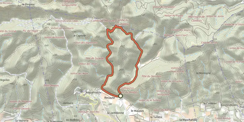 Carte du tracé de Lauris - Du vallon de Recaute à la combe de Sautadou sur le Plan IGN, départ et points de passage numérotés
