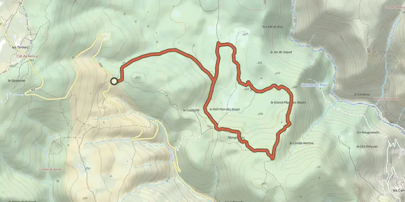 Map of the Plan des Noves track on the IGN map, with the start and numbered waypoints