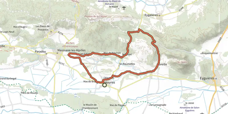 Carte du tracé de Alpilles-Roquemartine à vélo : la variante de Mouriès sur le Plan IGN, départ et points de passage numérotés