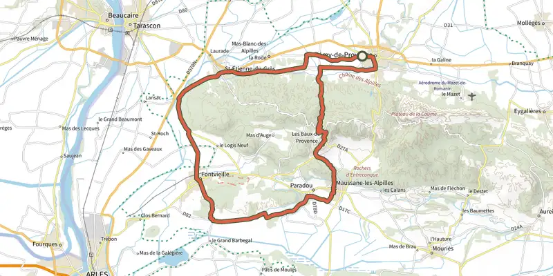 Carte du tracé de À vélo, les Alpilles par le Val d'Enfer sur le Plan IGN, départ et points de passage numérotés