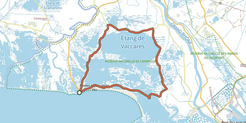 Carte du tracé de Le tour de Vaccarès à vélo en 2 jours sur le Plan IGN, départ et points de passage numérotés