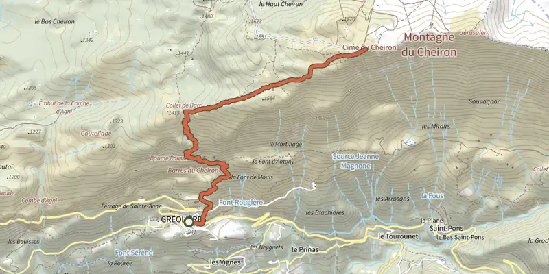 Carte du tracé de Gréolières - Cime du Cheiron sur le Plan IGN, départ et points de passage numérotés