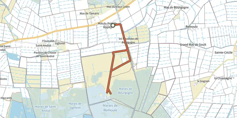 Map of the Between rice fields and reed beds on the Pont de Rousty trail track on the IGN map, with the start and numbered waypoints