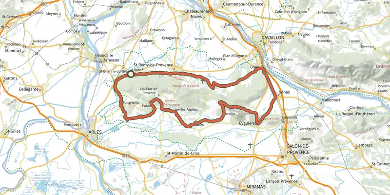 Carte du tracé de Le tour des Alpilles à vélo en 3 jours sur le Plan IGN, départ et points de passage numérotés