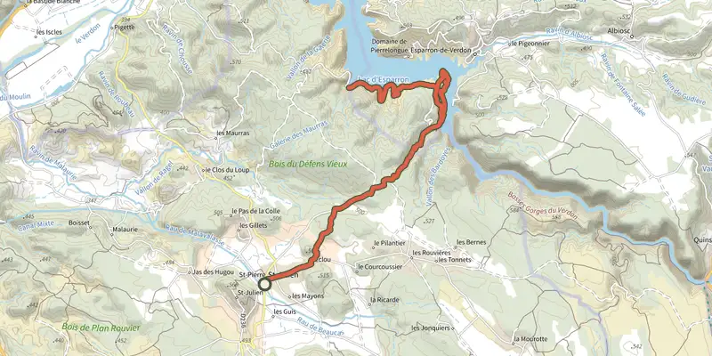 Carte du tracé de Saint-Julien-le-Montagnier - Le Quartier depuis Saint-Pierre sur le Plan IGN, départ et points de passage numérotés