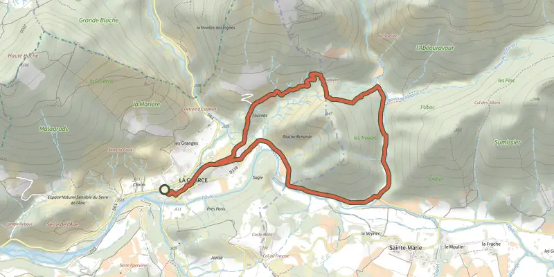 Carte du tracé de La Charce - Col de la Loubière sur le Plan IGN, départ et points de passage numérotés