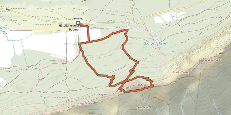 Map of the Plan d’Aups Sainte-Baume - Saint-Pilon Chapel track on the IGN map, with the start and numbered waypoints