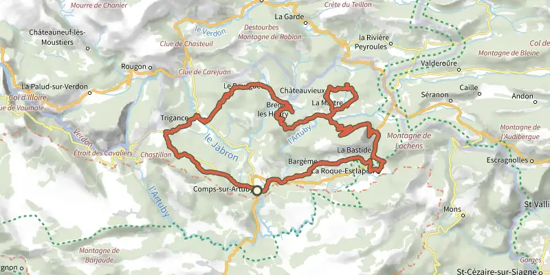 Map of the Tour de l'Artuby track on the IGN map, with the start and numbered waypoints