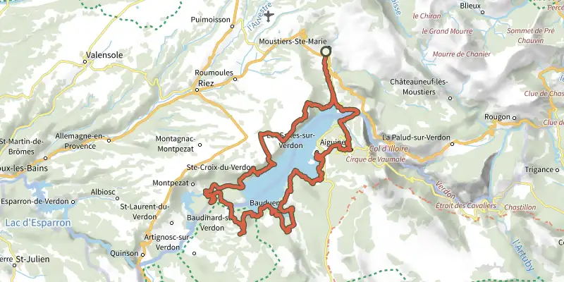 Carte du tracé de Moustiers-Sainte-Marie - Le Tour du lac de Sainte-Croix sur le Plan IGN, départ et points de passage numérotés