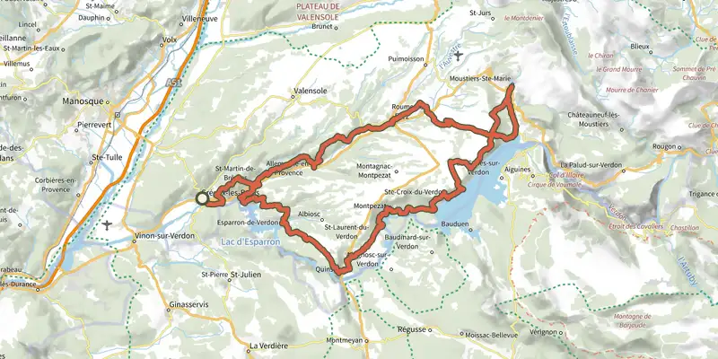 Carte du tracé de Le Tour des balcons du Verdon et plateau de Valensole sur le Plan IGN, départ et points de passage numérotés