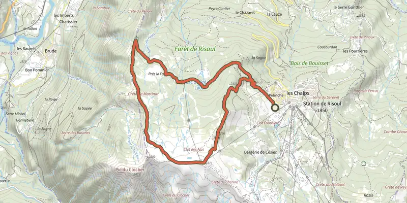 Carte du tracé de Risoul - Belvédère de l'Homme de Pierre sur le Plan IGN, départ et points de passage numérotés