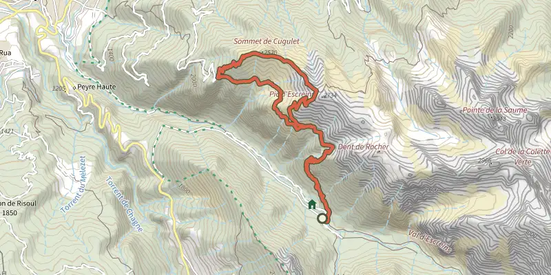 Carte du tracé de Vars - Cugulet depuis le Val d'Escreins sur le Plan IGN, départ et points de passage numérotés