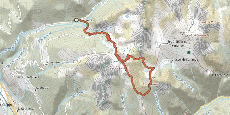 Carte du tracé de Saint-Crépin - Col Garnier par le Lac du Lauzet sur OpenTopoMap, départ et points de passage numérotés
