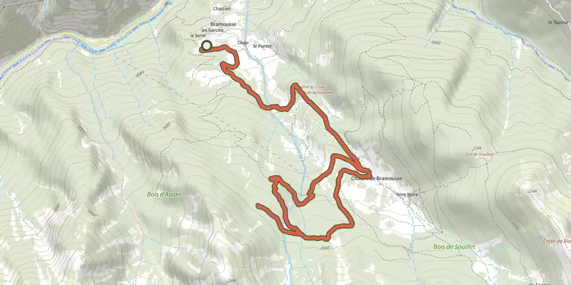 Map of the Mélèze remarquable de Bramousse - Guillestre track on OpenTopoMap, with the start and numbered waypoints