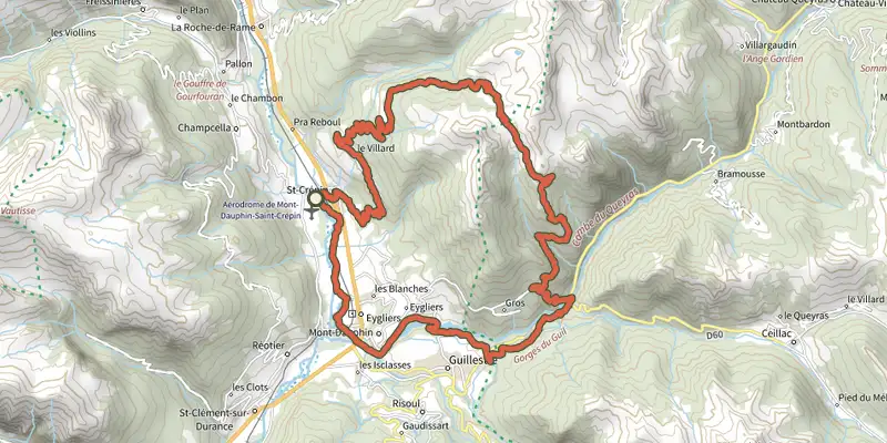 Map of the Crêtes de Catinat en VTT - Saint-Crépin / Eygliers track on the IGN map, with the start and numbered waypoints