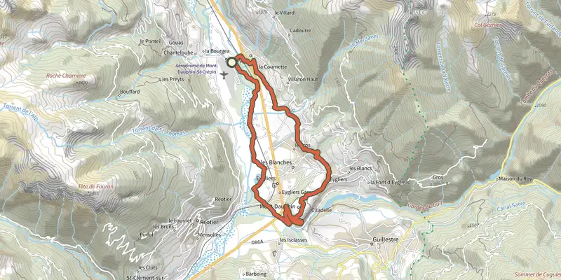 Carte du tracé de Saint-Créprin - Mont-Dauphin à VTT sur le Plan IGN, départ et points de passage numérotés