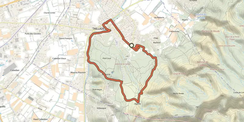 Map of the Les Taillades - Colline de Pied Caud track on the IGN map, with the start and numbered waypoints