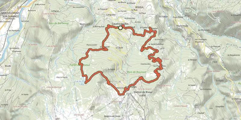 Map of the La Forêt de Risoul - Risoul en VTT track on the IGN map, with the start and numbered waypoints