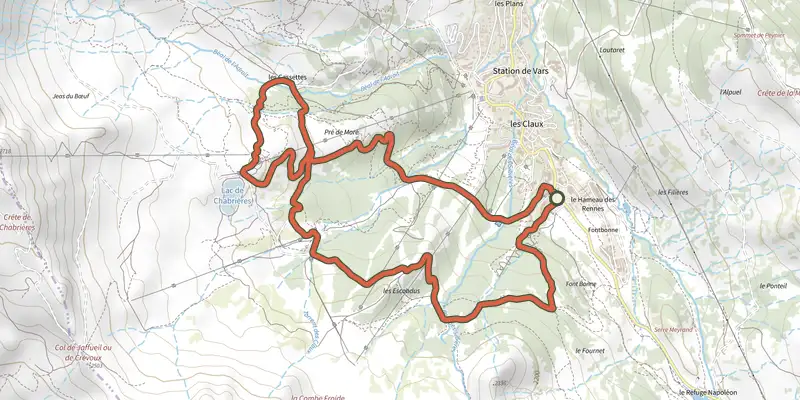 Carte du tracé de Vars - Les Myrtilles à VTT sur le Plan IGN, départ et points de passage numérotés