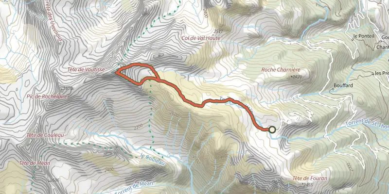 Map of the Tête de Vautisse - Réotier track on the IGN map, with the start and numbered waypoints