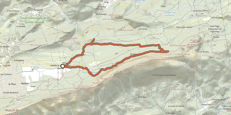 Map of the Du sentier Merveilleux à l'oratoire de Miette track on the IGN map, with the start and numbered waypoints