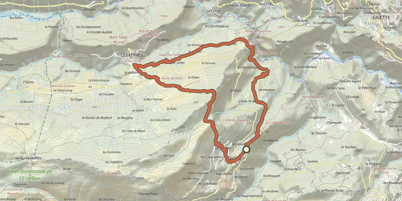 Map of the Bouyon - Gorges de l'Esteron track on the IGN map, with the start and numbered waypoints