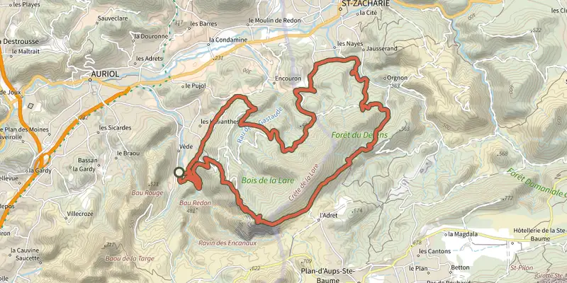 Carte du tracé de Auriol - Le tour de la Lare sur le Plan IGN, départ et points de passage numérotés