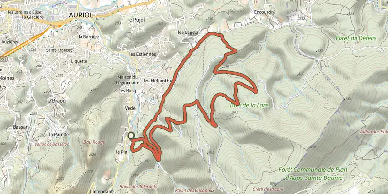 Map of the Auriol - Le bois de la Lare track on OpenTopoMap, with the start and numbered waypoints