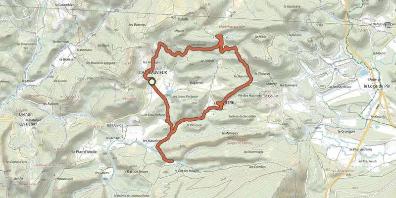 Carte du tracé de Chateauvieux - La boucle Chateauvieux - La Martre sur le Plan IGN, départ et points de passage numérotés