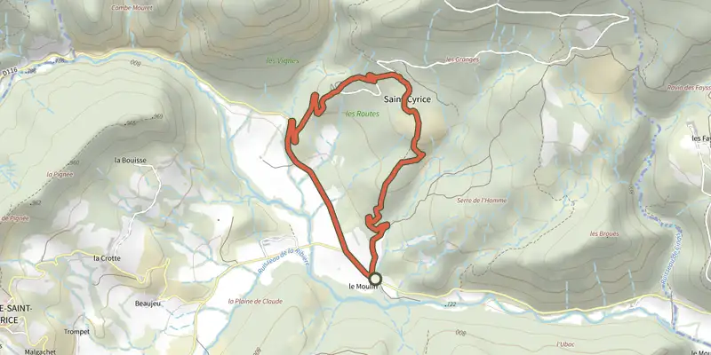 Map of the Saint-Cyrice - L'ancienne Saint-Cyrice track on the IGN map, with the start and numbered waypoints