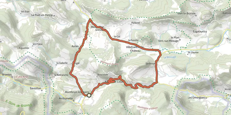 Map of the Montbrun-les-Bains - Le berceau des Baronnies, à vélo track on OpenTopoMap, with the start and numbered waypoints