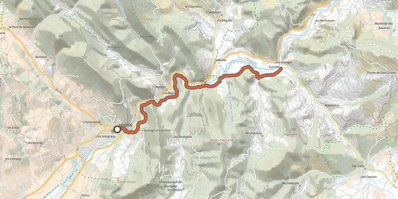Map of the Nyons - Au fil de l'Eygues track on the IGN map, with the start and numbered waypoints