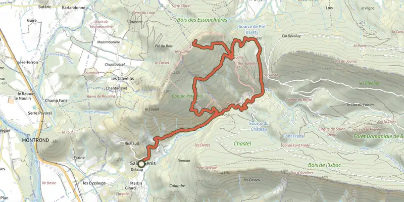 Map of the Garde-Colombe - Riou et Revuaire track on OpenTopoMap, with the start and numbered waypoints