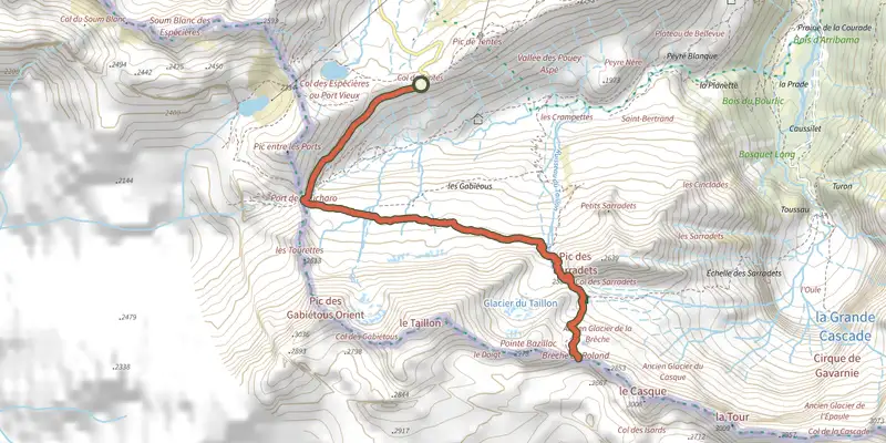 Carte du tracé de Brèche de Roland depuis le col des Tentes sur OpenTopoMap, départ et points de passage numérotés