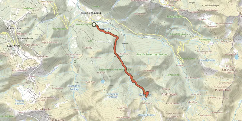 Carte du tracé de Cascade d'Ars depuis Aulus-les-Bains sur le Plan IGN, départ et points de passage numérotés