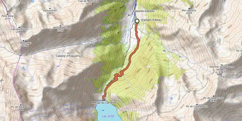 Carte du tracé de Lac d'Oô depuis les Granges d'Astau sur OpenTopoMap, départ et points de passage numérotés