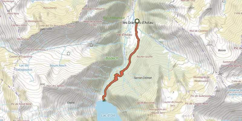 Map of the Lac d'Oô from Granges d'Astau track on the IGN map, with the start and numbered waypoints