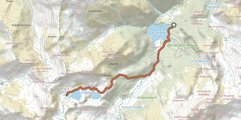 Carte du tracé de Lacs d'Ayous depuis Bious-Artigues sur OpenTopoMap, départ et points de passage numérotés