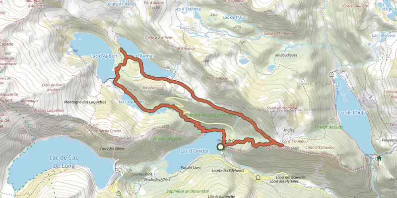 Map of the Néouvielle lakes via the Col d'Estoudou track on the IGN map, with the start and numbered waypoints