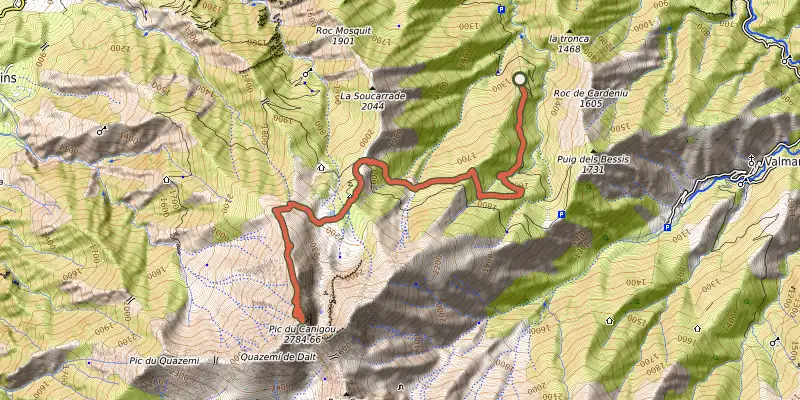 Map of the Pic du Canigou via the Cortalets track on the IGN map, with the start and numbered waypoints
